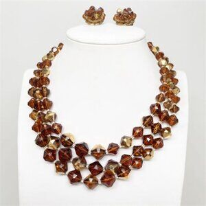 Vintage 1950s Topaz Aurora Borealis Bead Triple Strand Necklace and Earrings